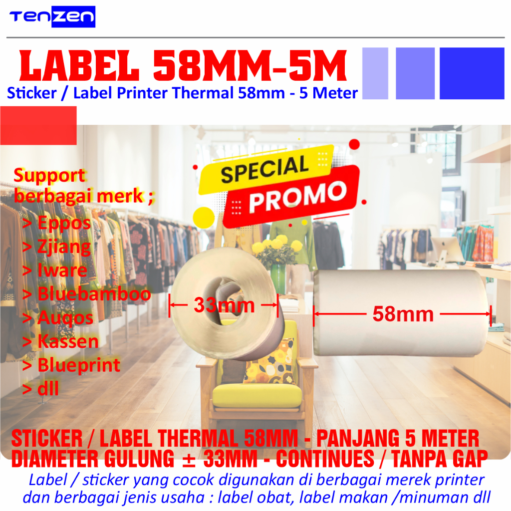 

Sticker Label Thermal 58mm x 33mm 5 meter Continues / Tanpa Gap