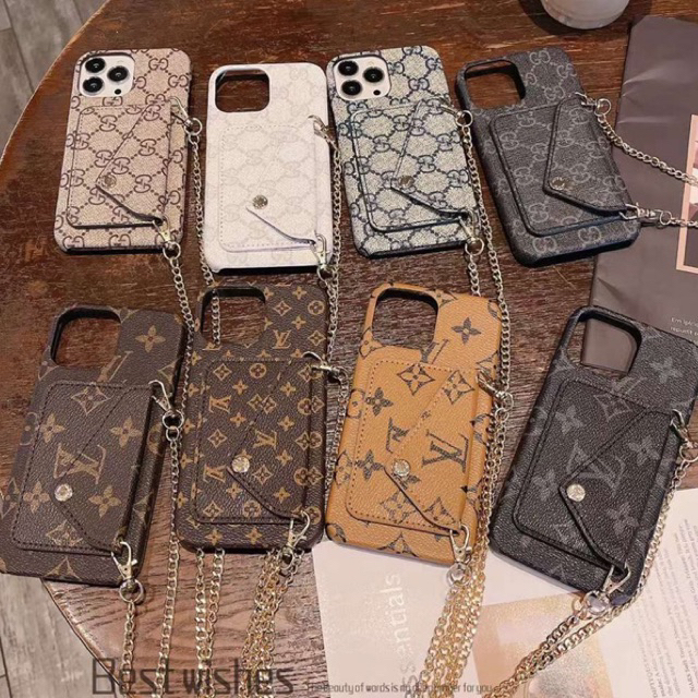 LEATHER HARD CASING IPHONE 16PRO 16PROMAX 15PRO 15 PRO MAX LV GCCI CARD WALLET CASE WITH CHAIN LEPAS