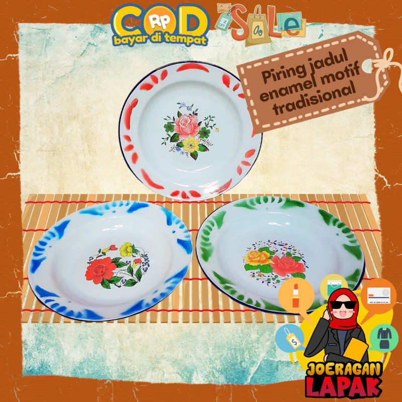 [JOERAGAN LAPAK] PIRING SENG ENAMEL (12 pcs ) MOTIF JADUL 22 CM BUNGA BESI JAMAN DULU LEGEND