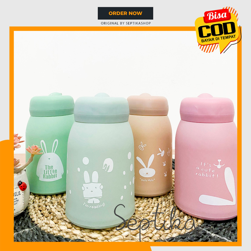 botol kaca rabbit kelinci tanpa box,termos air panas dingin kaca bunny,thermos rabbit kaca,botol min