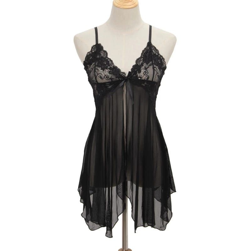 Pakaian  ligerie seksi V neck model renda serat mesh eksotis-Hitam