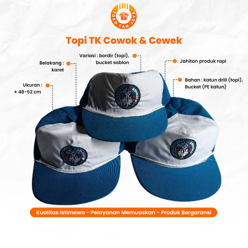 Topi Tk Paud Seragam Sekolah Anak Laki Laki dan Perempuan Bordir Biru Putih School Uniform