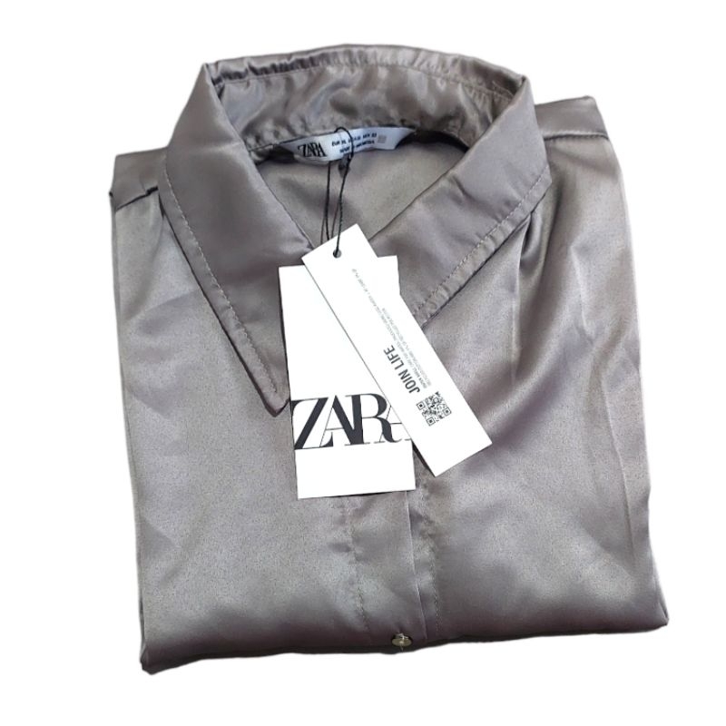 Original New Zara Kemeja Wanita Satin Polos Abu Jumbo Oversize Big Size