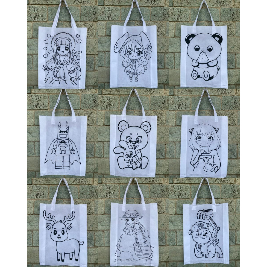 

Paket 100 pcs Tas spunbond mewarnai Tali 30x40x8 - Goodie bag mewarnai / melukis anak / lukis tas / lukis goody bag /