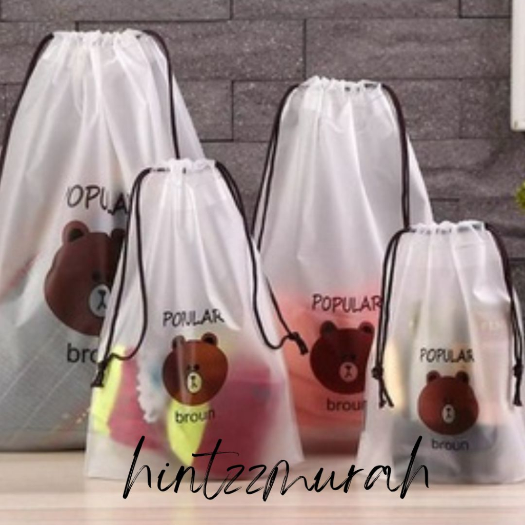 Travel Pouch Serut Broun Organizer Tas MakeUp Kosmetik Motif Beruang