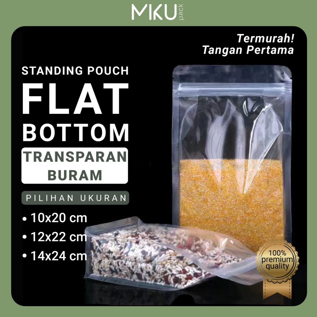 STANDING POUCH MAKANAN FLAT BOTTOM ZIPLOCK TRANSPARAN BURAM | Plastik Kemasan Kopi Snack