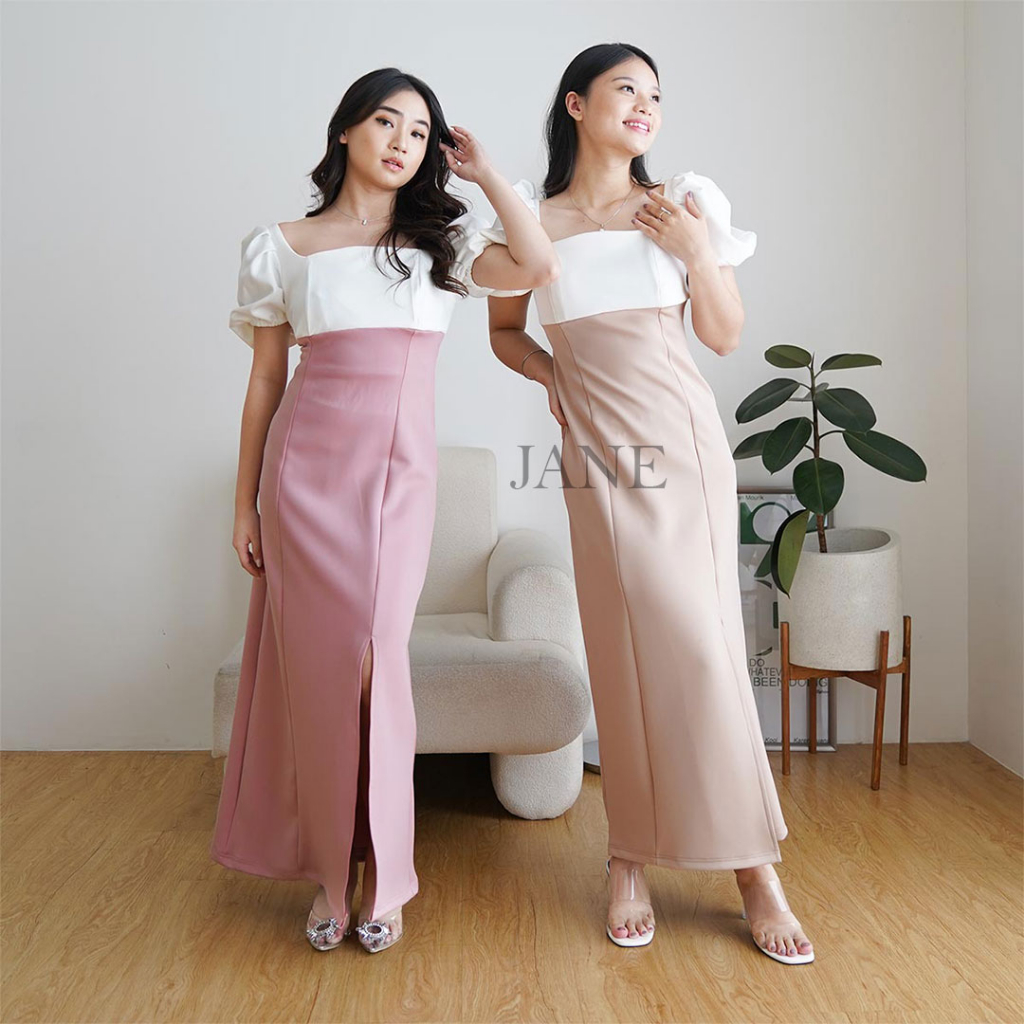 JANE COLLECTION || Maxi Dress Panjang Casual Pesta Bahan Scuba Baju Kondangan Hitam Party Polos Sabrina Belahan Samping Putih Maxi Dress Slit Omara