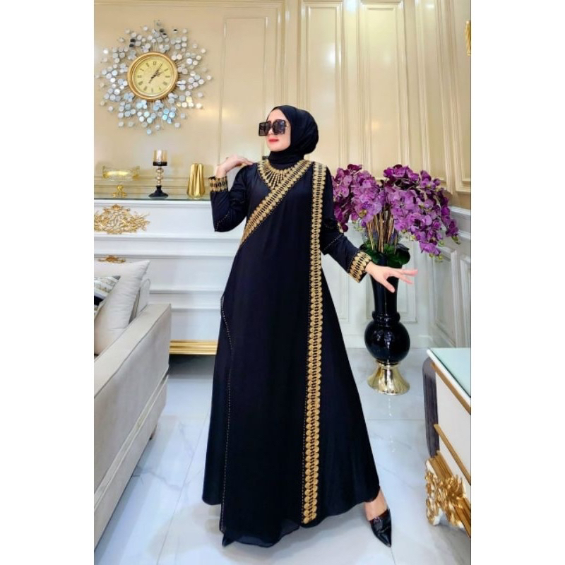 GAMIS ABAYA TURKEY MEWAH BORDIR GOLD MODEL SARI INDIA 02 WARNA ABAYA JERSEY TERBARU