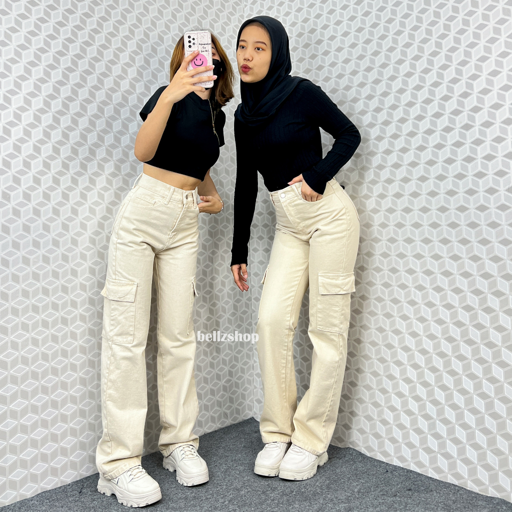 Keira Celana Kulot Jeans Cargo Highwaist Panjang Cream Unisex Kekinian