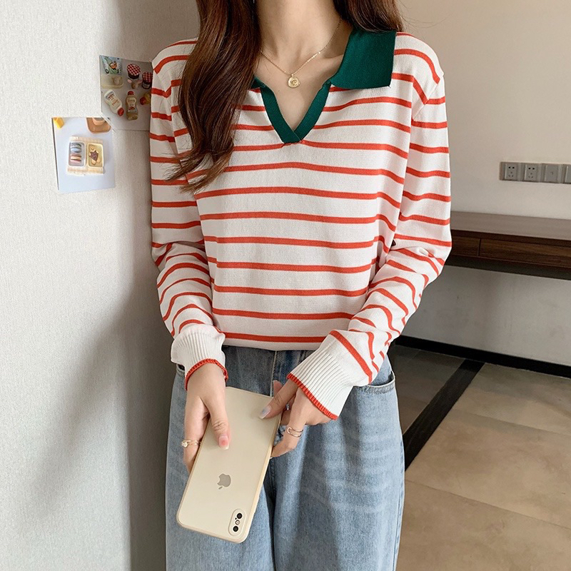Knitwear Sweater Crop Rajut Sweater Bergaris Baju Rajut Crop Top Lengan Panjang Salur Atasan Wanita 