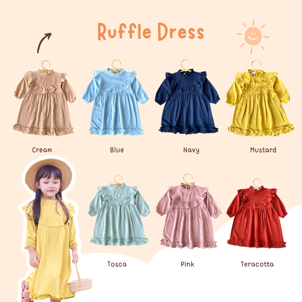 Yobebee Ruffle Korean Dress Anak Perempuan Usia 1 2 3 4 5 Tahun Baju Bayi Korea Gaun Babydoll Daster Kids Basic Polos Warna Pastel Katun Lembut Model Baju Casual Harian Main Santai Anak Cewek