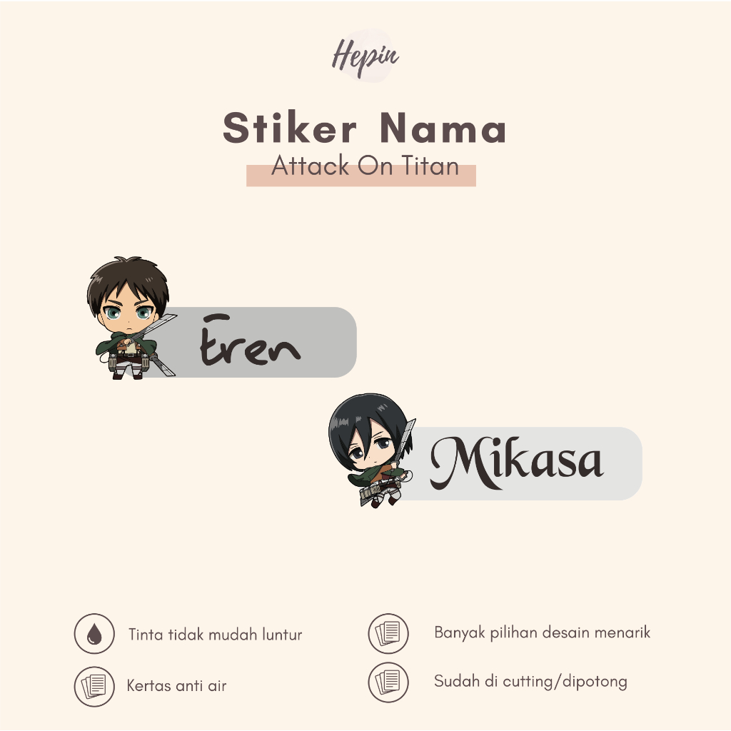 

(40 - 60 pcs) stiker nama ATTACK ON TITAN/ shingeki no kyojin \murah\stiker buku\custom nama/stiker nama anime/stiker AOT lucu