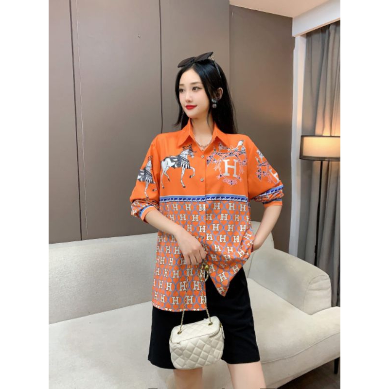 Ld114 PJ70 Kemeja cantik silk motif printing H terbaru