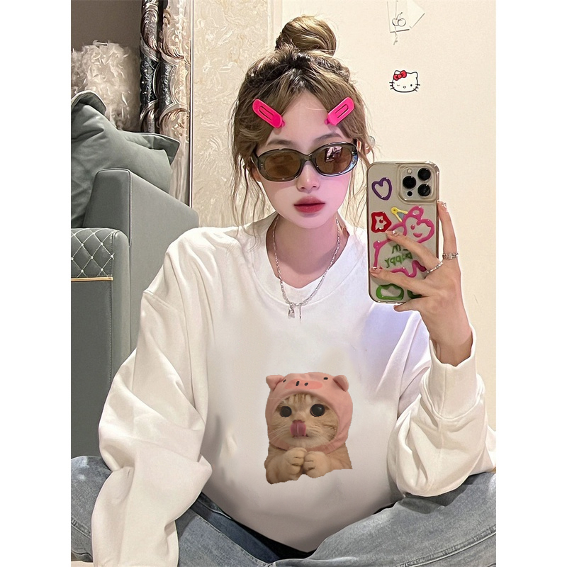 Sweater Lengan Panjang Kucing Lucu Korean Style/Hoodie Oversize/Baju Wanita/Switer Wanita