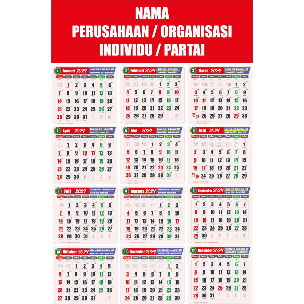 

Kalender Terbaru 2024 1 Lembar 12 Bulan