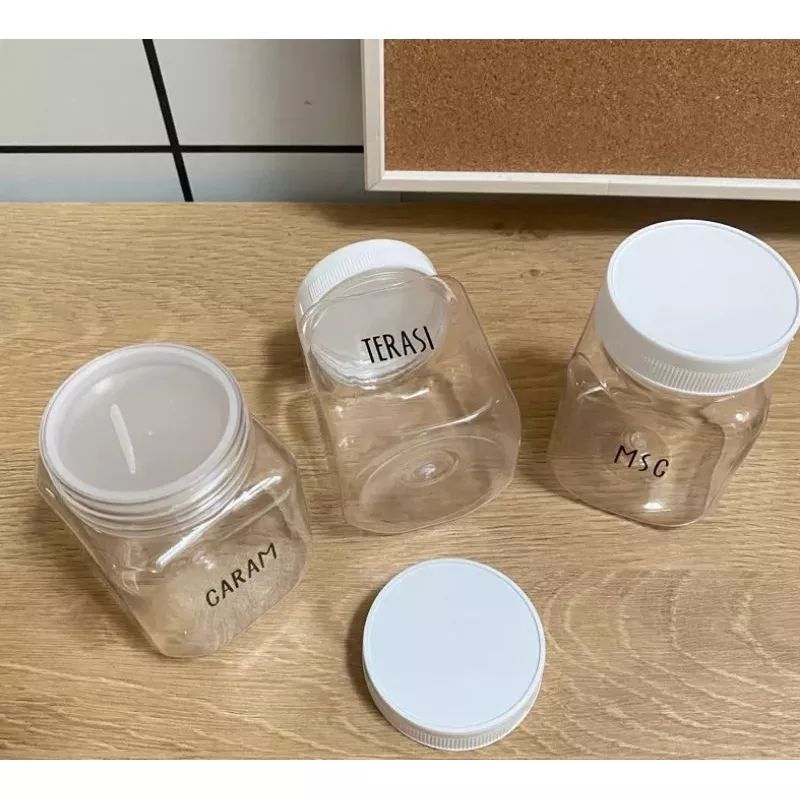 Toples Bumbu Plastik Kotak Tutup Putih 200ml Stiker Transfarant
