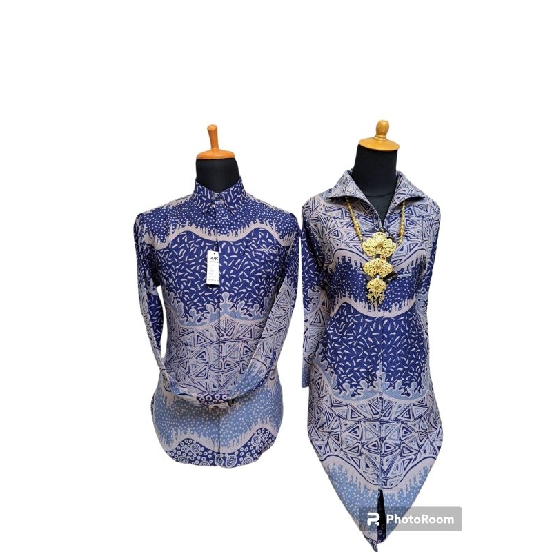 BAJU BATIK TUNIK COUPLE KATUN PREMIUM BIRU MUDA PUTIH TERBARU
