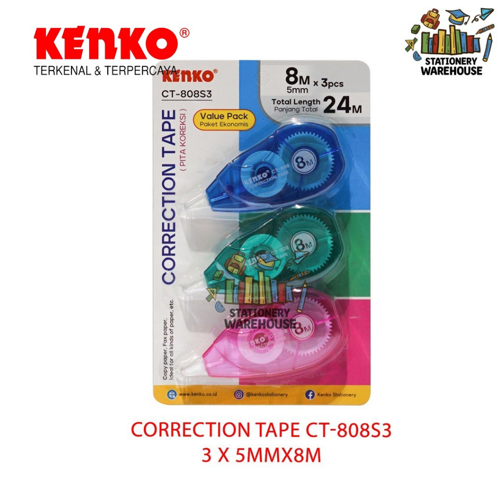 

Correction Tape Pita Koreksi KENKO CT-808S3 Value Pack 8 M x 5 mm