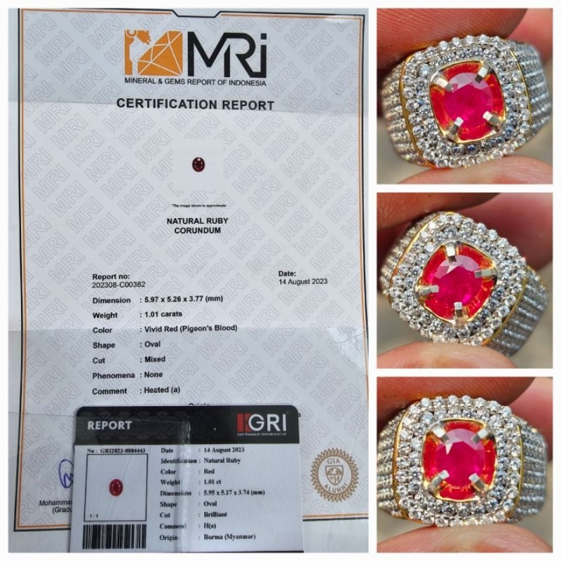 Natural Vivid Red Pigeon Blood Ruby Burma Myanmar Sertifikat 1.01 crt