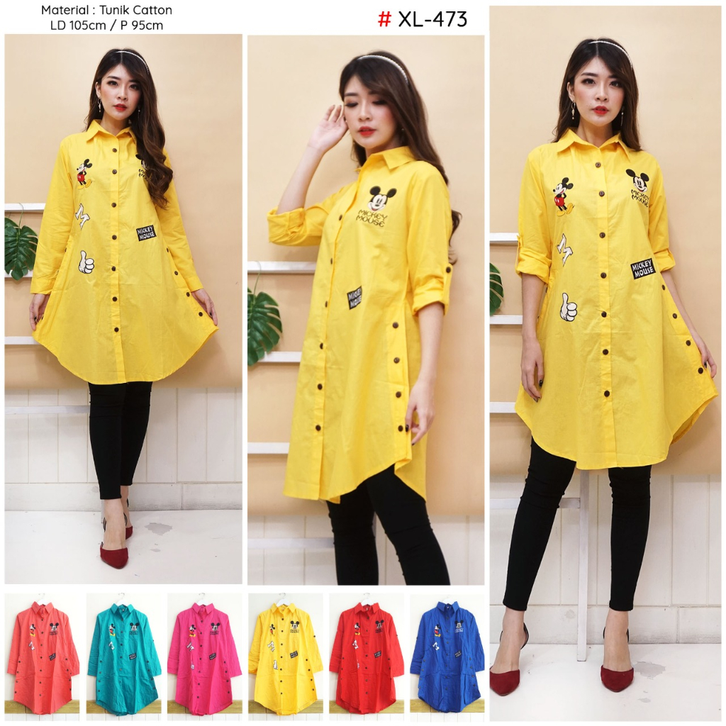 Baju Tunik Wanita Bordir Gambar Mickey Mouse Bahan Katun Ukuran XL