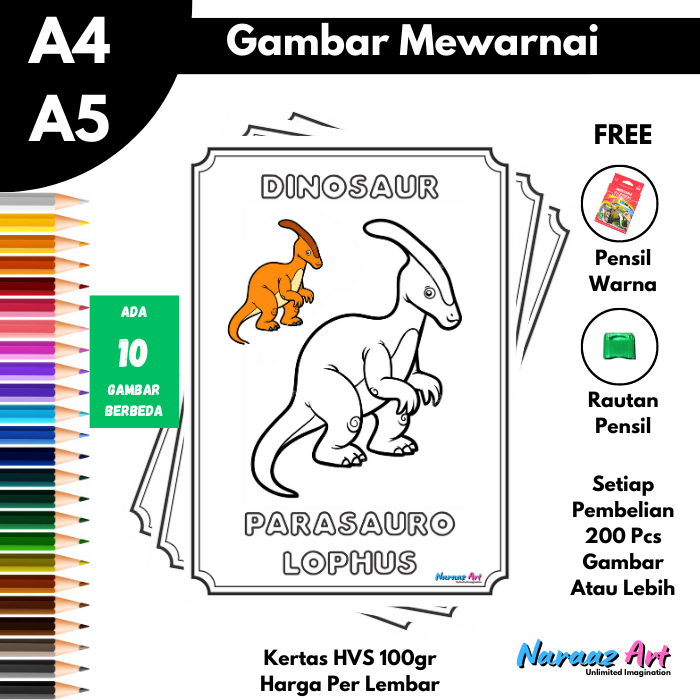 Gambar Mewarnai Dinosaurus Lucu Sketsa Dino Untuk Anak TK SD HVS 100gr