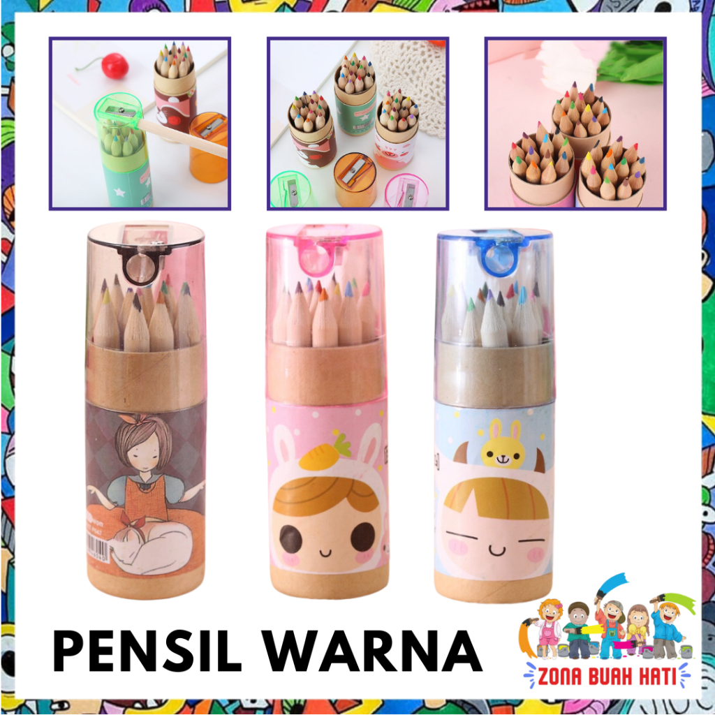 

ZBH Pensil Warna 12 IN 1 + Serutan Pensil Color Pencils Quality Pensil Warna Karakter Kemasan Tabung Murah Import