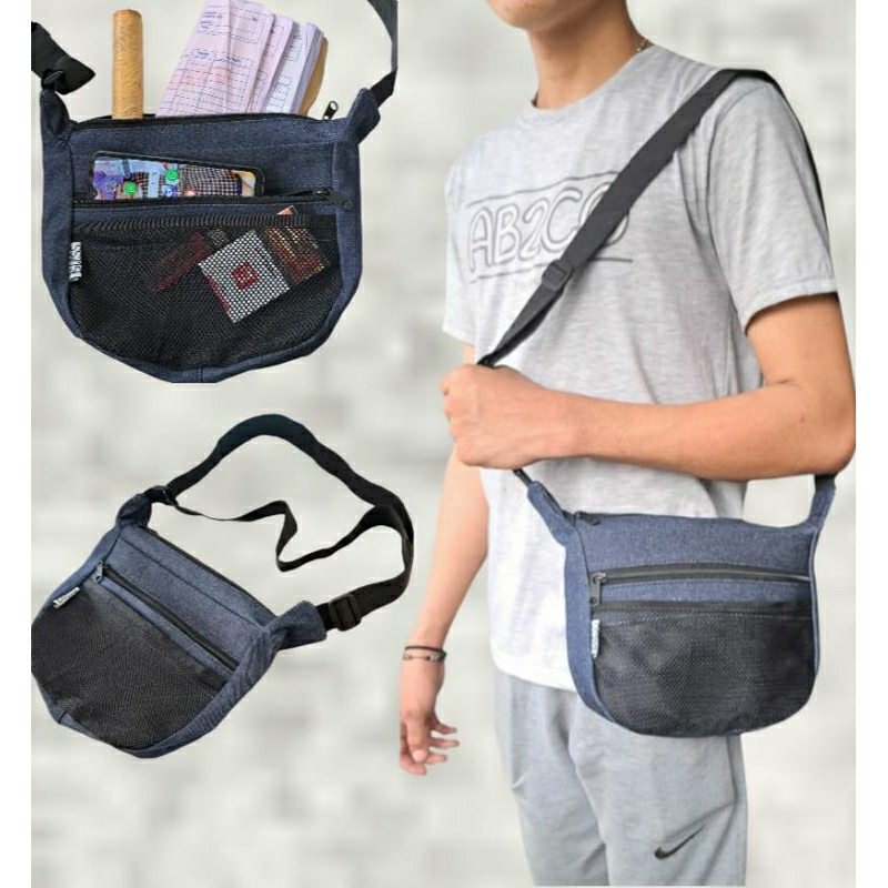 Sentudu Tas Distro Tas Selempang Pria Bahan Jeans Casual Slingbag Tas Bahu Pria
