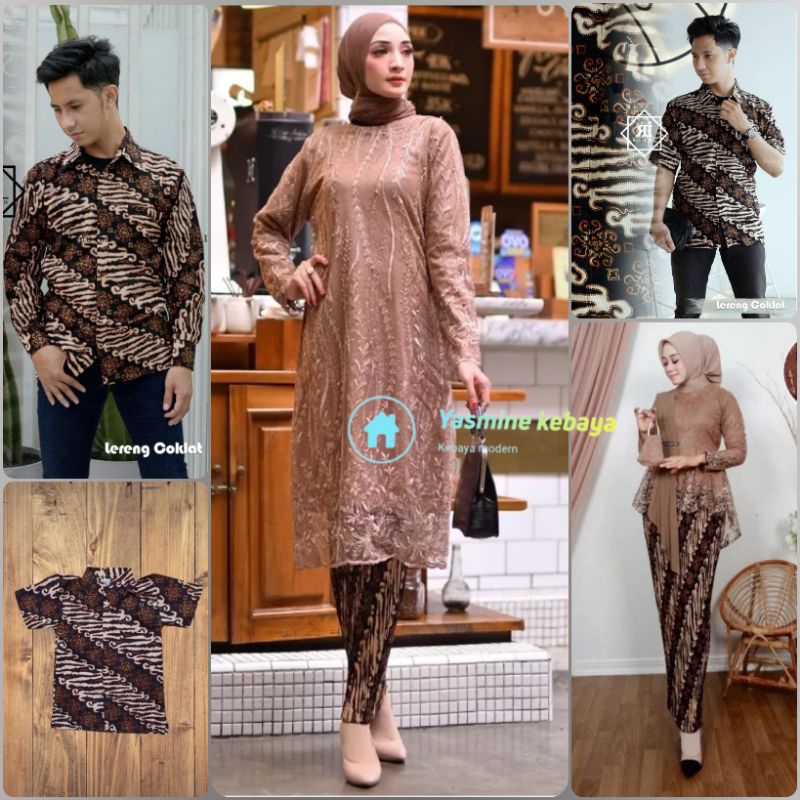 Couple Kebaya Sarimbit Tunik Brukat Tille Modern Set Kemeja Batik Pria Motif Lereng Coklat / Couple 