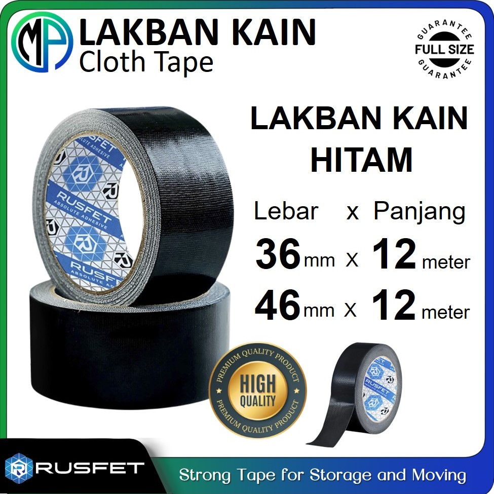 

Lakban Kain Hitam Tebal (Cloth Tape) Isolasi / Solatip Kain Merek Rusfet Harga Ecer Satuan termurah