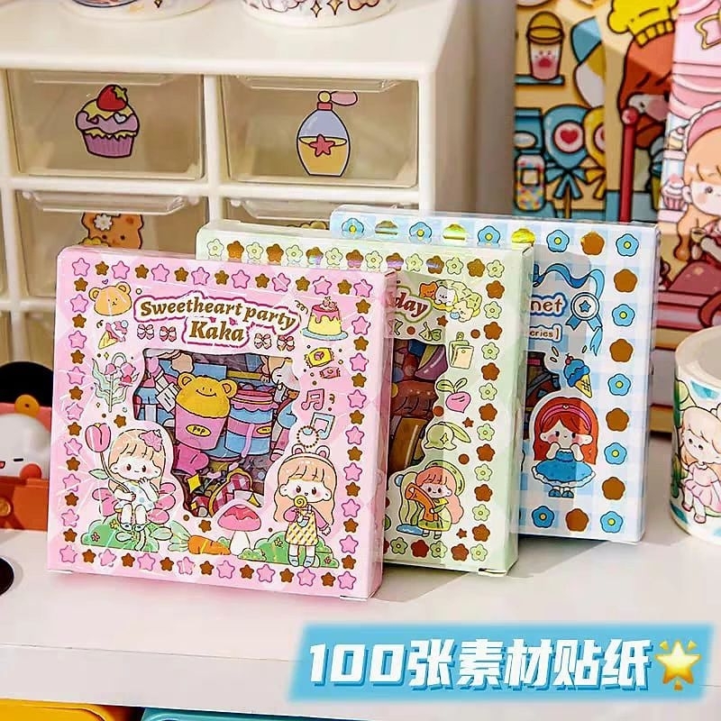 

100 LEMBAR STIKER KARTUN KOREA LUCU CAMPUR MOTIF KEMASAN BOX