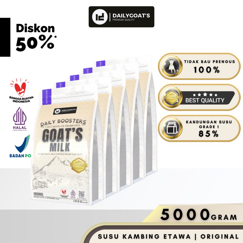 

DAILYGOATS Susu Kambing Etawa Bubuk GRADE 1 5kg 5000gram Rasa Original Platinum Goat Milk Powder Drink Pasteurisasi Cair Natural Sehat Asli Terjamin