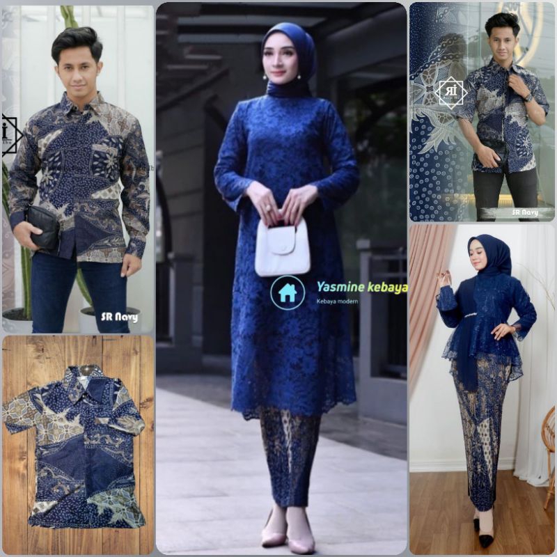 Baju Couple Kebaya Sarimbit Tunik Brukat Tille Modern Set Kemeja Batik Pria Motif SR Navy / Setelan 