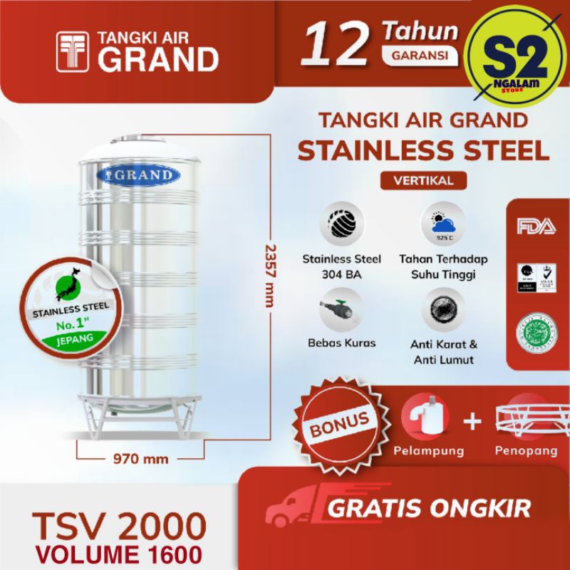 Tandon Tangki Toren Air Stainless Grand TSV 2000 Volume 1600 Liter