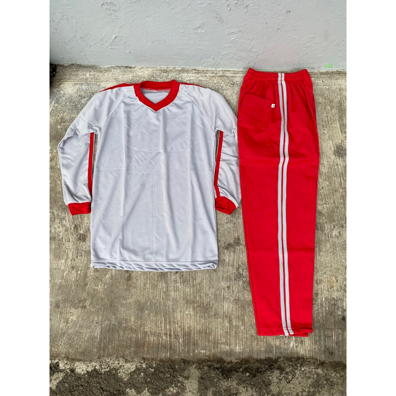 STELAN BAJU OLAHARAGA ANAK SD PANJANG ABU MERAH/stelan baju olahraga anak