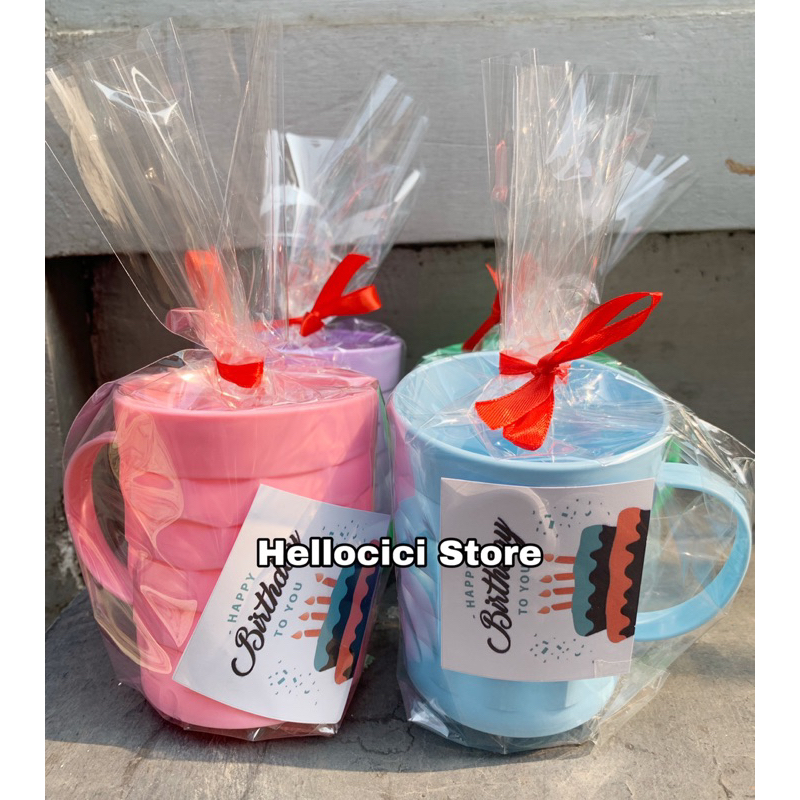 SOUVENIR CANGKIR / GELAS TIKAR PLASTIK KEMASAN ULTAH