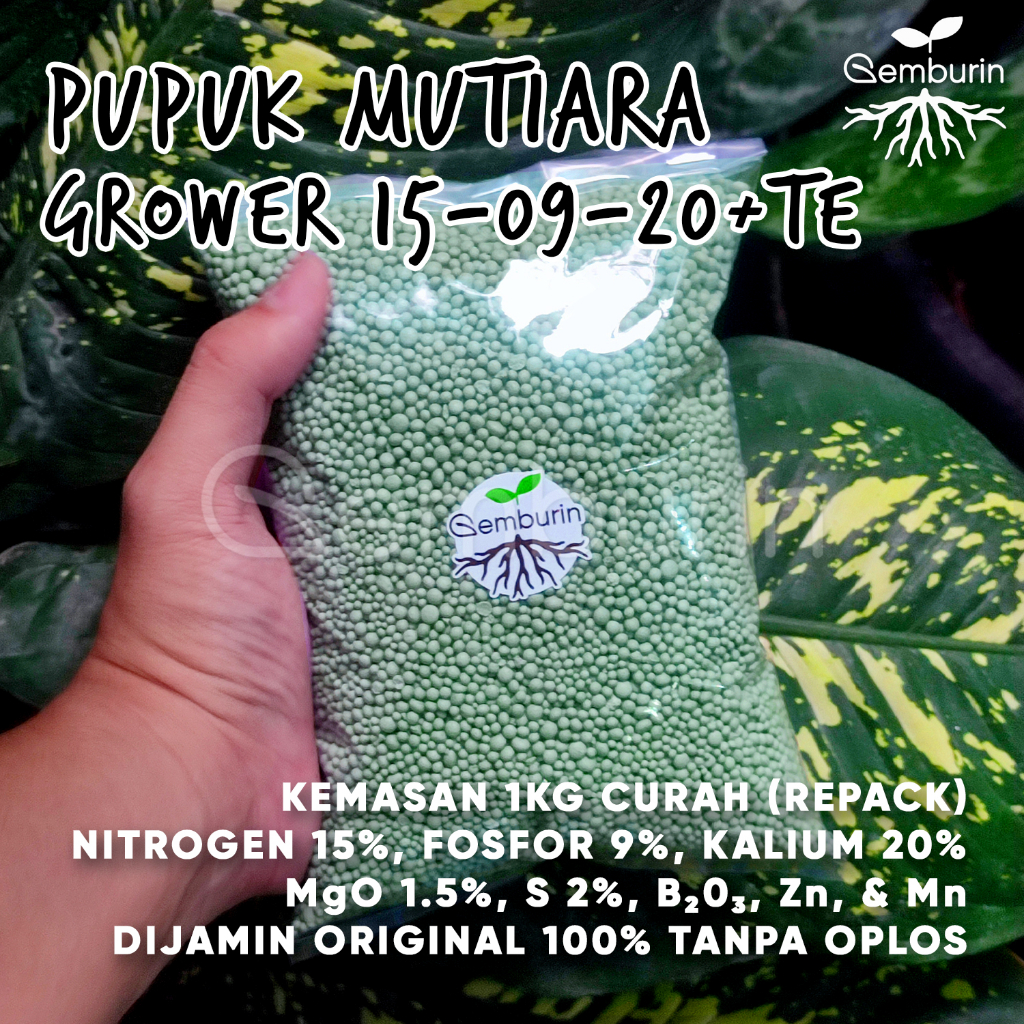 Pupuk NPK Mutiara Grower 15-09-20+TE Hijau 1 kg Kemasan REPACK / Asli Original Murah / Pupuk Padat K