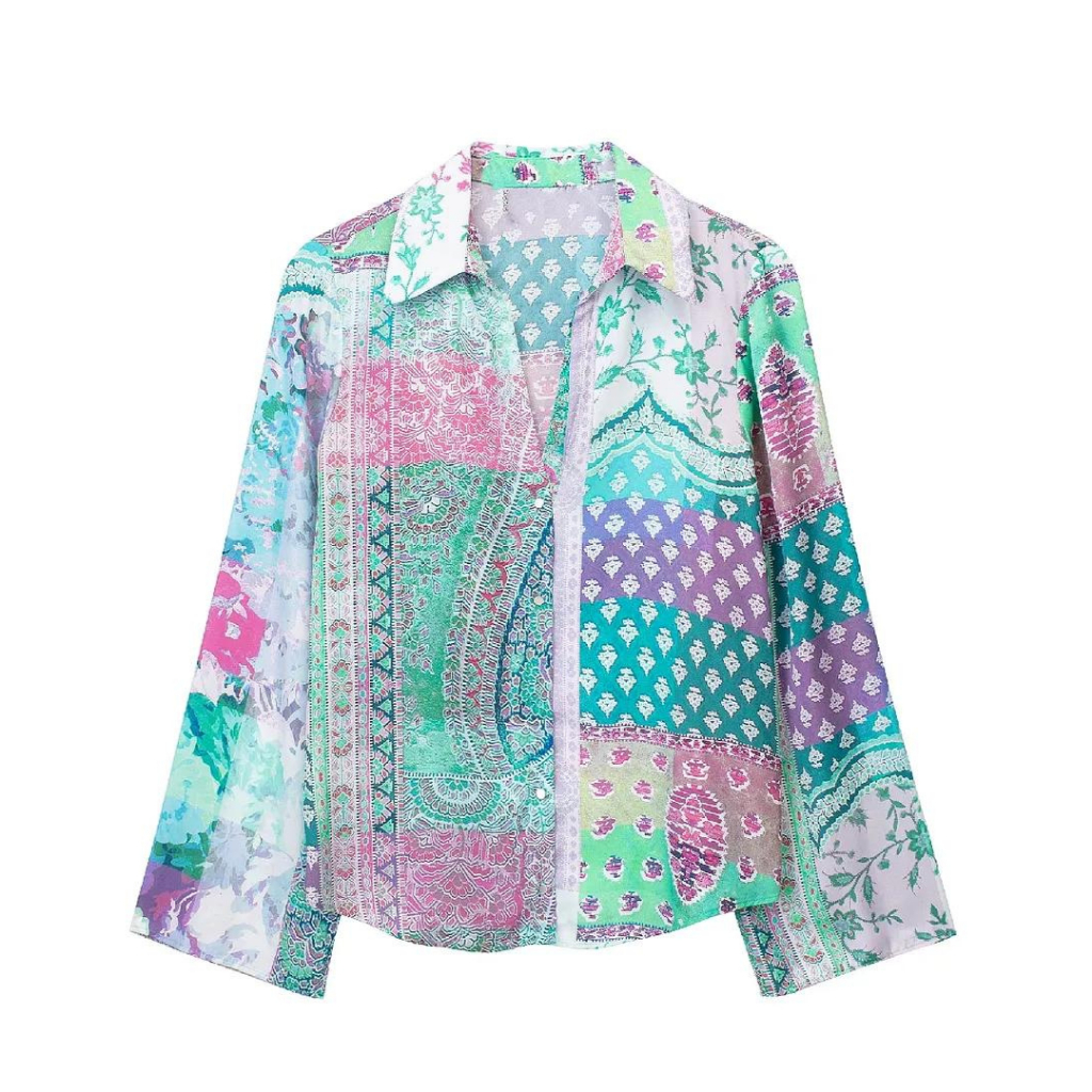 Kemeja Wanita Motif Vintage Lengan Panjang Retro Pattern Korean Shirt