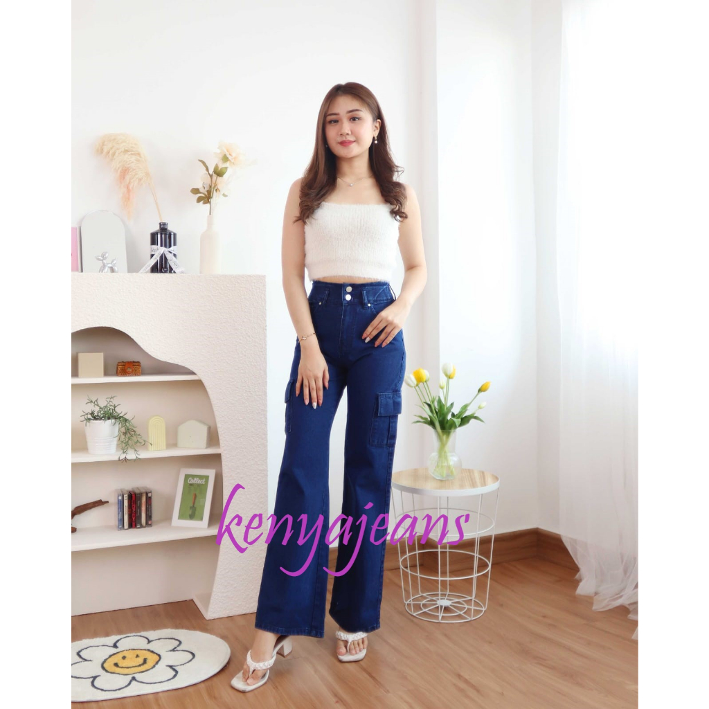 7C-G CARGO LOOSE JEANS PINGGANG KARET PREMIUM ~ BOYFRIEND CARGO ~ CELANA JEANS WANITA KARGO ~ NON STREACH ~ BIRU TUA (DIAMOND) ~ 27-30