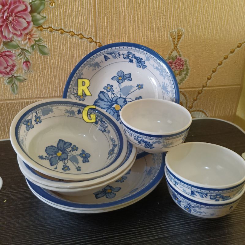 12 pcs 1 lusin Piring Mangkok dan mangkuk kuah Melamin motif bunga