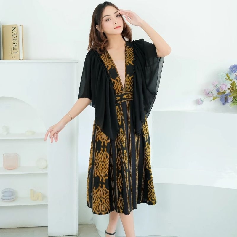 Dress tenun wanita black gold baju tenun Jepara dress murah fashion wanita dress jumbo