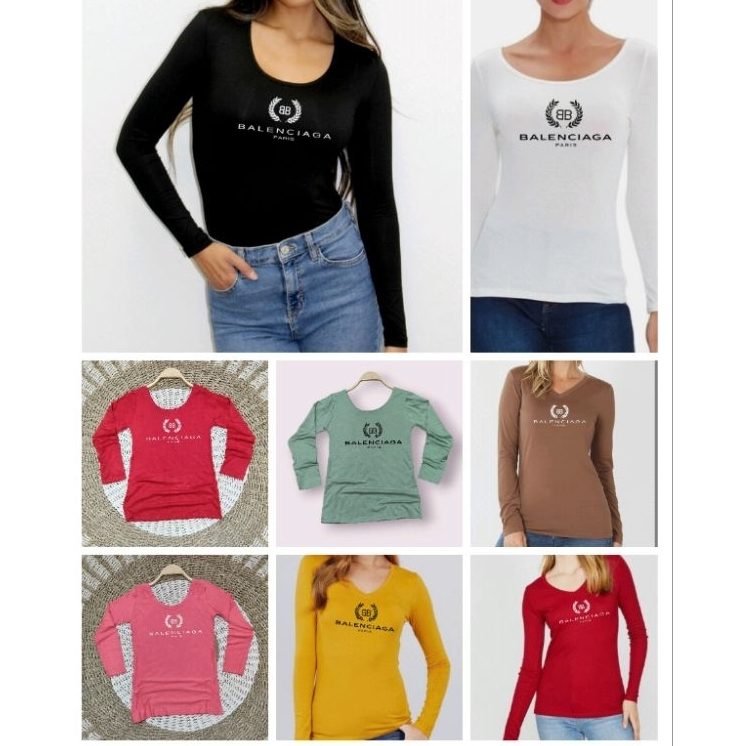 kaos wanita tangan panjang import bodyfit u neck v neck