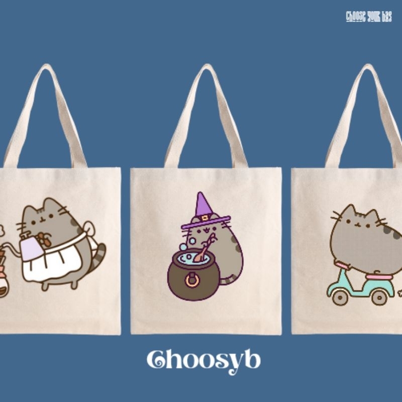 TOTEBAG KANVAS BLACU CUTE CAT TAS SELEMPANG AESTHETIC LUCU TAS SEKOLAH KULIAH | TAS LAPTOP RESLETING