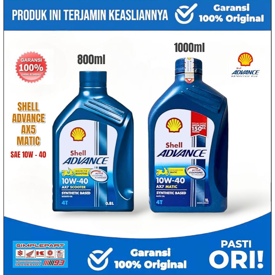 Oli Mesin 100% Original SHELL ADVANCE SCOOTER AX7 MATIC [ 10W-40 ] 4T 800ml & 1000ml Mesin Sepeda Mo