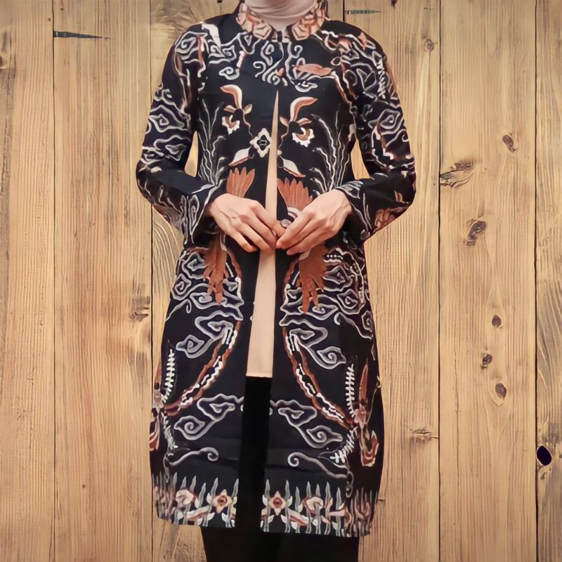 BATIK ARTA motif MEGAMENDUNG HITAM PREMIUM ORIGINAL TUNIK BATIK POLA KOMBINASI BATIK JUMBO LENGAN PA
