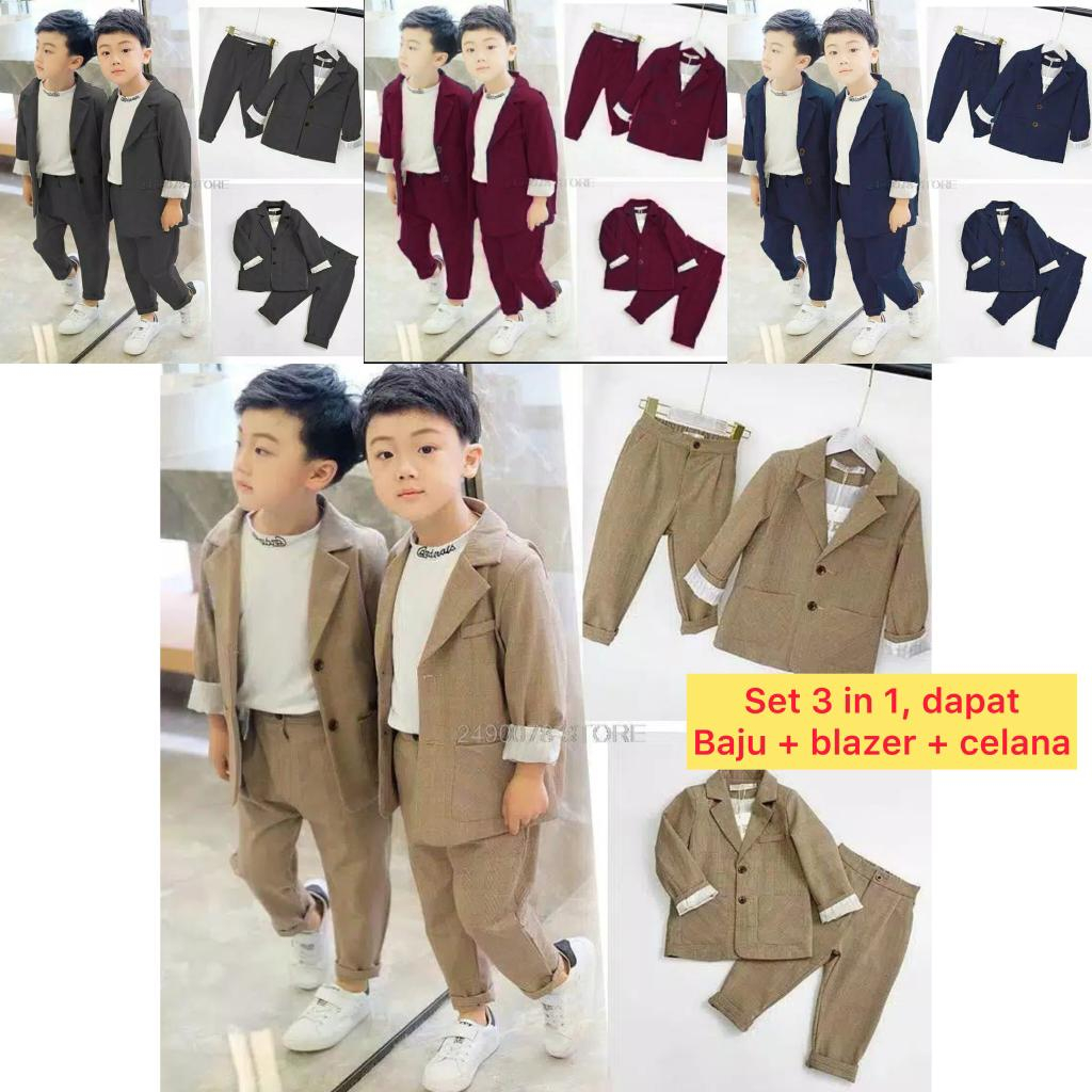Jas Anak Laki-laki Set 3in1 ( Blazer + Kaos + Celana ) Setelan Anak Cowok Fashion Korea Keren Ala Pu