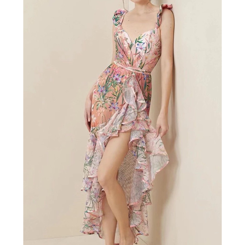 Peach flower ruffle bustier swimsuit set dengan skirt outer CODE TG-1223