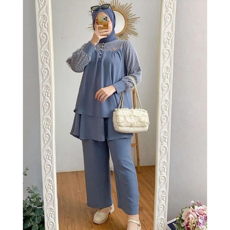 Baju Muslimah setelan baju dan celana bahan crinkle airflow mix tile dot