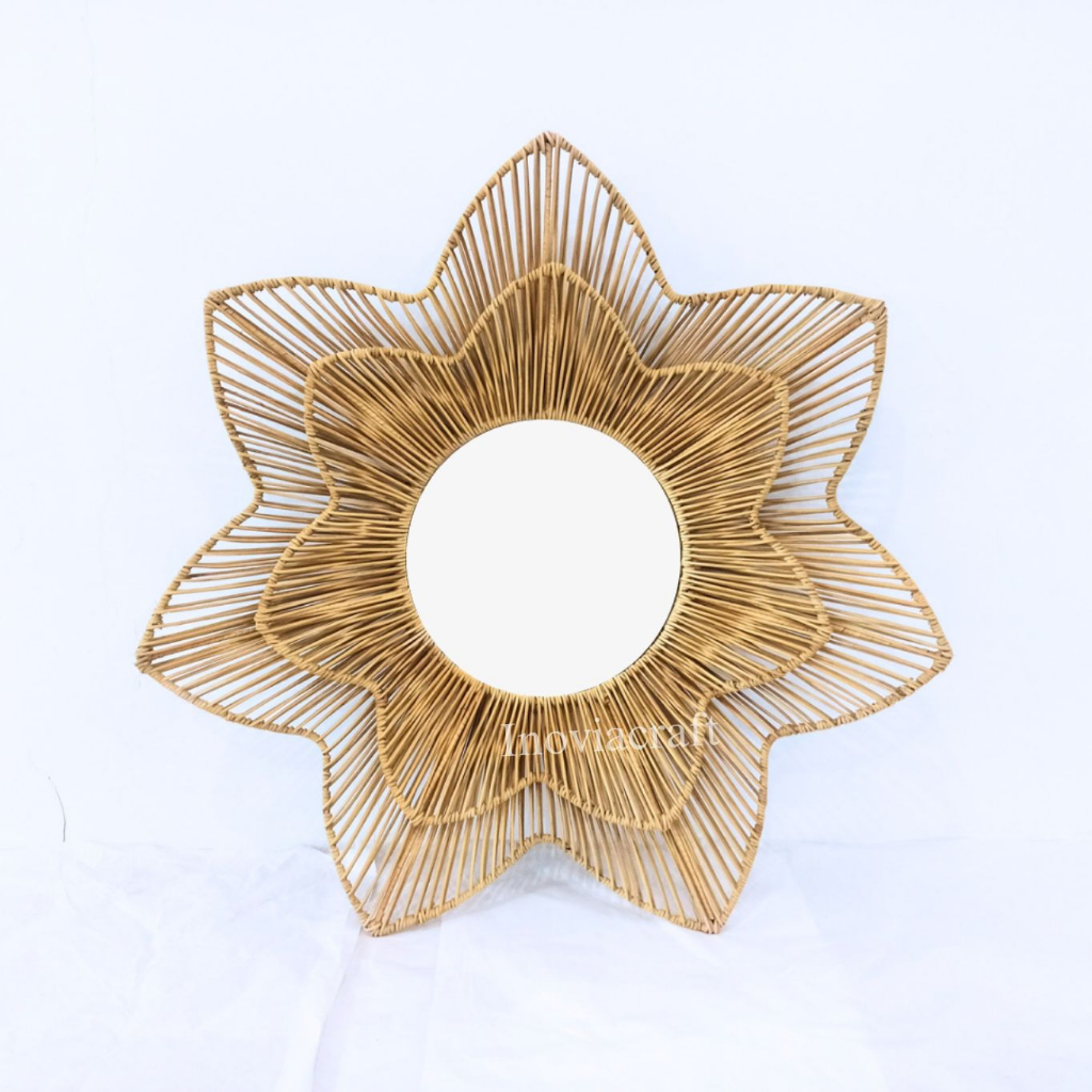 Cermin Rotan Estetik | Cermin Dinding | Cermin Rotan | Cermin Bentuk Bunga | Cermin Dinding Besar | 