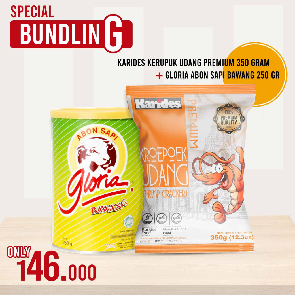 

BUNDLING - KARIDES KERUPUK UDANG PREMIUM 350G + GLORIA ABON SAPI BAWANG 250G
