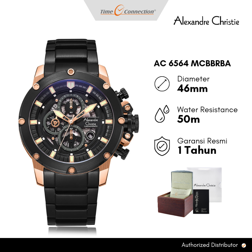 Alexandre Christie AC 6564 MCBBRBA Hitam Rosegold Original / Jam Tangan Pria Rantai Stainless Steel 
